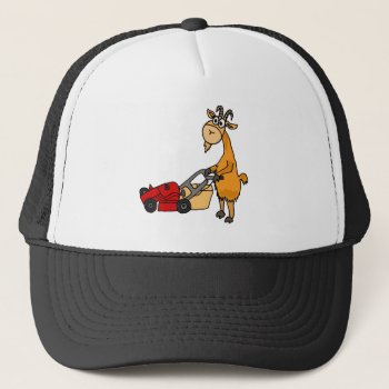Funny Billy Goat Pushing Lawn Mower Cartoon Trucker Hat by tickleyourfunnybone at Zazzle
