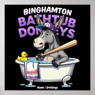 Funny Binghamton Baseball Bathtub Donkey Vintage Poster