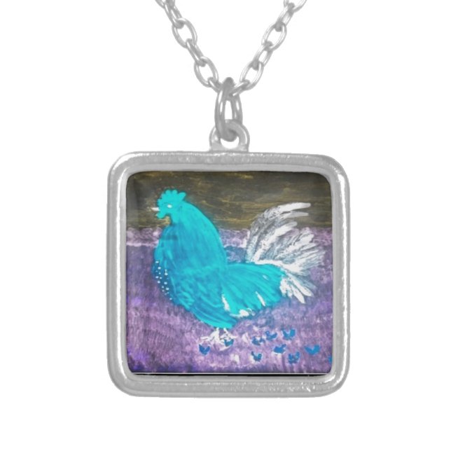 Funny Bird Art Rooster Chicken Silver Plated Necklace (Front)