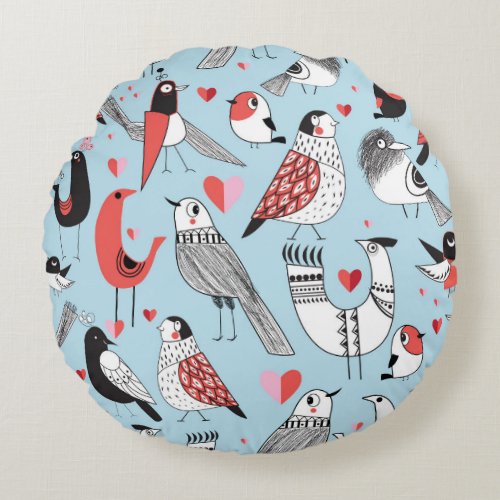 Funny bird illustrations graphic seamless round pillow