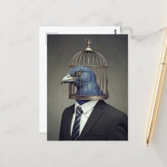 Funny Bird in a Business Suit With a Cage Head