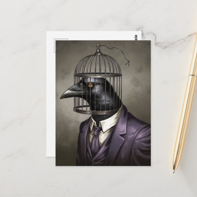 Funny Bird in a Purple Business Suit and Cage Head Postcard (Front/Back In Situ)