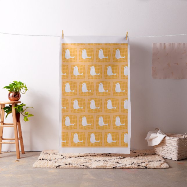 Funny Bird Orange White Checked Pattern Fabric (In Situ)