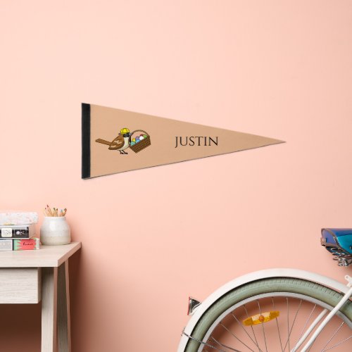 Funny Bird w Colorful Eggs Basket  Personalize Pennant Flag