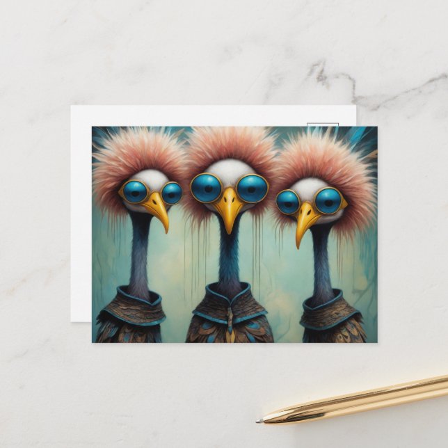 Funny Birds in Sweaters Postcard (Front/Back In Situ)