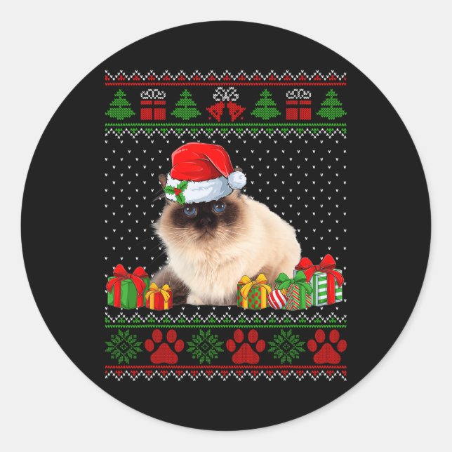 Funny Birman Cat Santa Hat Ugly Christmas Sweater  Classic Round Sticker (Front)
