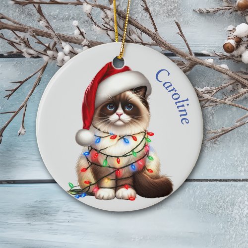 Funny Birman Cat Wrapped in Christmas Lights Ceramic Ornament