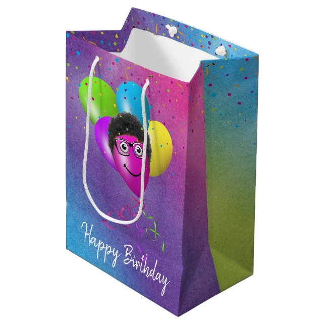Funny Birthday Balloon Face on Rainbow Medium Gift Bag (Front Angled)