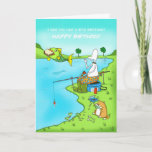 Funny Birthday Brother Fisherman Card With Fish<br><div class="desc">This is a funny fishing card, which I’m sure is ideal for any fishermen for Birthdays with Duncan trying to catch a fish, but the fish has just taken his sandwich which he has only taken one bite of, and fat cat is eating the fishes that are jumping out to...</div>