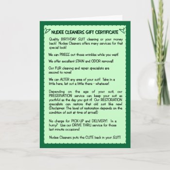 Funny Birthday Card:  Birthday Suit Cleaning Card by bizregards at Zazzle
