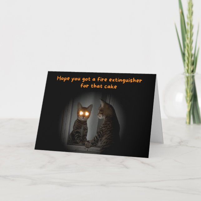 Funny Birthday Card Cat Eyes Glowing from Cake (Front)