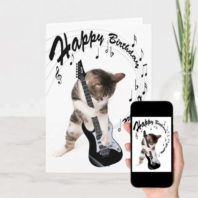 Designer Greetings Rock Star Cat With Blue Guitar Funny Birthday Card – Adult Humor