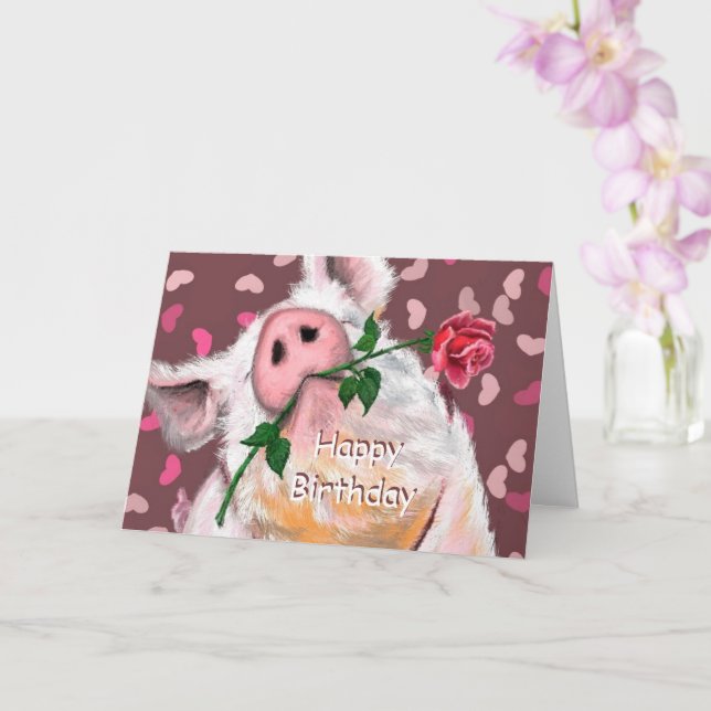 Funny Birthday Card Gentleman Pig with Rose (Orchid)