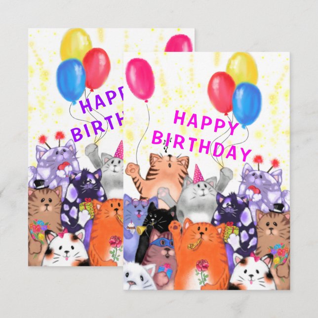 Funny Birthday Card Happy Cat Party (Front/Back)