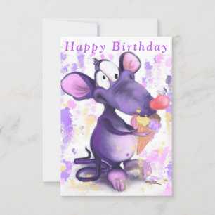 Funny Birthday Card Happy Mouse Eat Ice Cream 