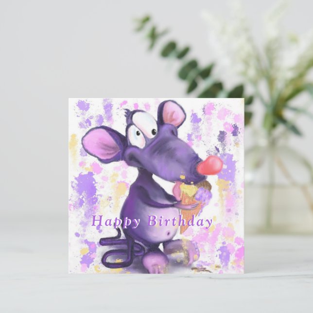 Funny Birthday Card Happy Mouse Eat Ice Cream (Standing Front)