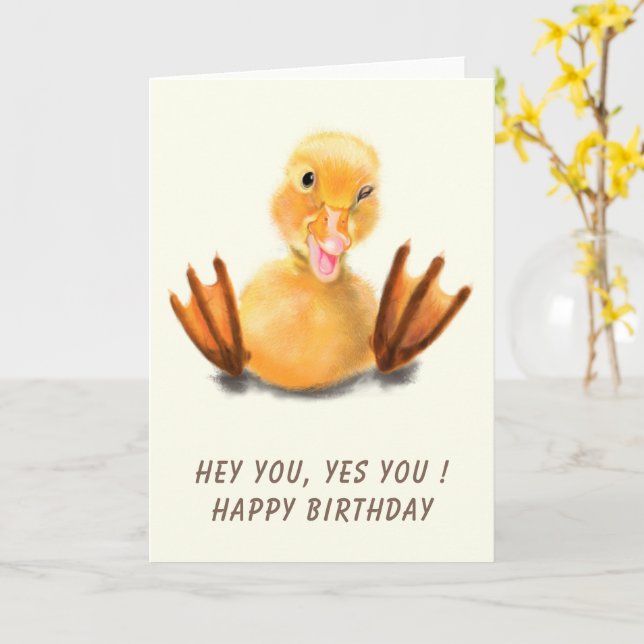 Funny Birthday Card Happy Yellow Duck Playful Wink (Yellow Flower)
