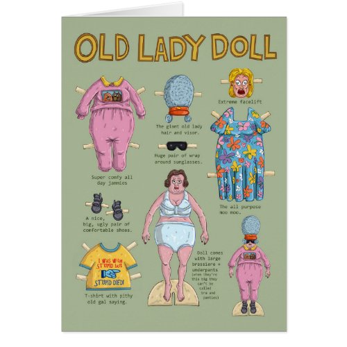 FUNNY Birthday Card Old Lady Paper Doll