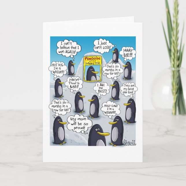 FUNNY BIRTHDAY CARD - Penguin of the Month. (Front)