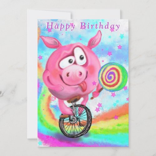 Funny Birthday Card Pig Cyclist Licks Lollipop