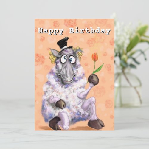 Funny Birthday Card Romantic Ram with Flower