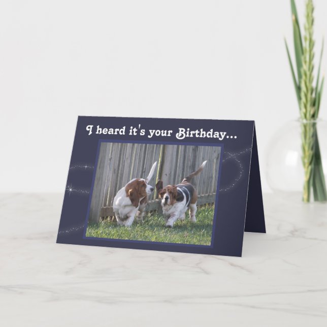 Funny Birthday Card w/Cute Basset Hounds & Balloon (Front)