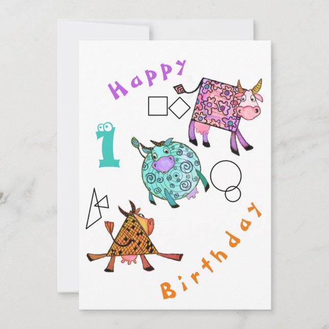 Funny Birthday Card with Colorful Geometric Cows (Front)