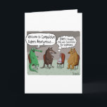 Funny Birthday Card with CUTE ANIMALS<br><div class="desc">A cute little bunny in a colorful hand band, leg warmers and a yoga mat realizes that instead of JAZZERCISE for BEGINNERS, she has mistakenly shown up at COMPULSIVE EATERS ANONYMOUS and is being hungrily watched by a hungry alligator, wolf and bear. Great gift for jazzercise fans. Great gift for...</div>