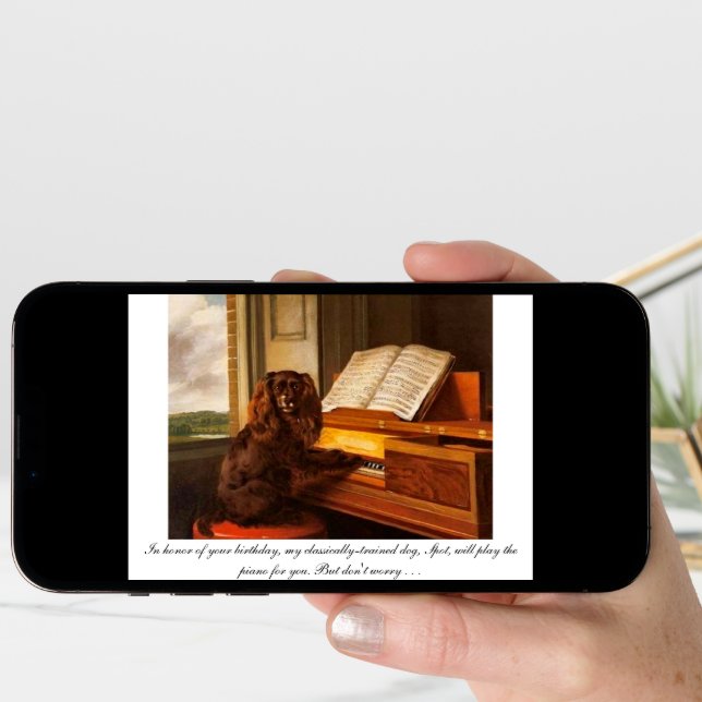 Funny birthday card with dog and piano (Front Digital)