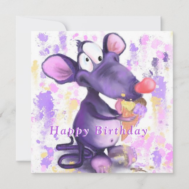 Funny Birthday Card with Mouse Eat Ice Cream  (Front)