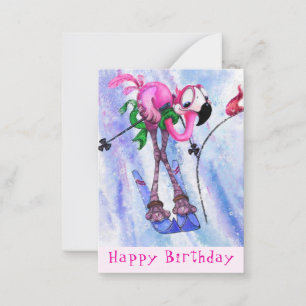Funny Birthday Card with Pink Flamingo Skier