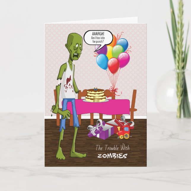 Funny Birthday Card with Zombie at Party (Front)