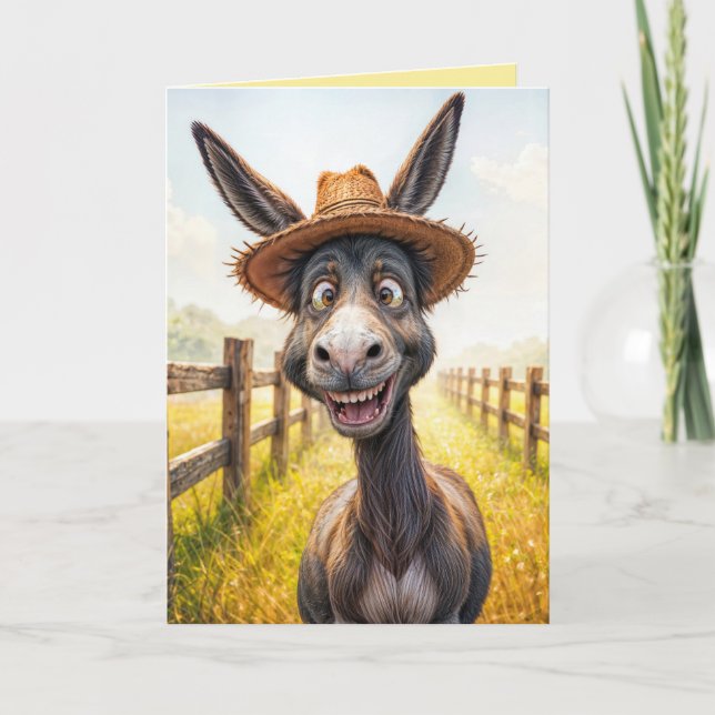 Funny Birthday Donkey Wearing a Hat Card (Front)
