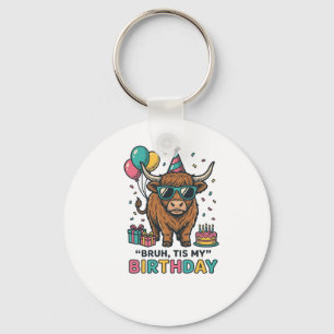 Funny Birthday Highland Cow Party Design_1 Keychain