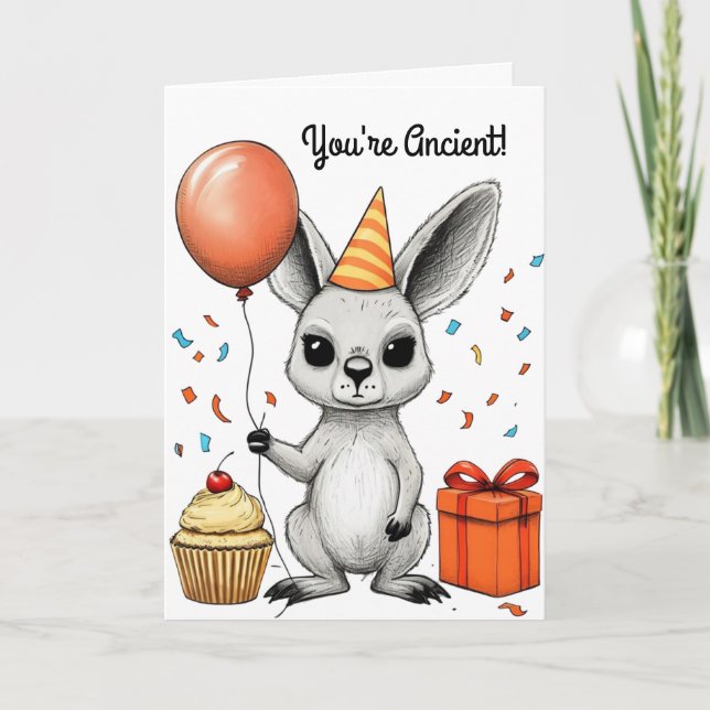 Funny Birthday Kangaroo With Party Hat Vector Card (Front)