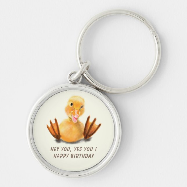 Funny Birthday Keychain Playful Winking Duckling (Front)