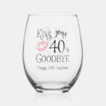 Funny Birthday Kiss Your Decade Goodbye Stemless Wine Glass<br><div class="desc">Funny Birthday Kiss Your Decade Goodbye Wine Glass. Celebrate a birthday beginning a new decade with this funny, personalized stemless wine glass gift featuring an editable modern typography design for the saying KISS YOUR DECADE GOODBYE (the sample shows 40s for a 50th birthday) with your custom text. CHANGES: The personalized...</div>