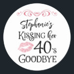 Funny Birthday Kissing A Decade Goodbye Custom Classic Round Sticker<br><div class="desc">Funny Birthday Kissing A Decade Goodbye Custom Party Stickers. Celebrate a birthday beginning a new decade with these funny party stickers featuring an editable age modern typography design for the saying NAME'S KISSING HER "DECADE" GOODBYE (the sample shows 40s for a 50th birthday). CHANGES: The personalized text font style, color,...</div>
