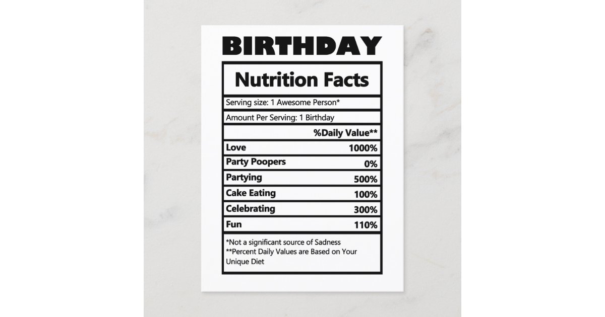 Funny Birthday Nutrition Facts Postcard | Zazzle