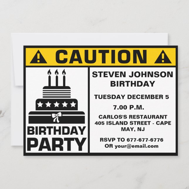 Funny Birthday Party Caution Signboard Invitation (Front)