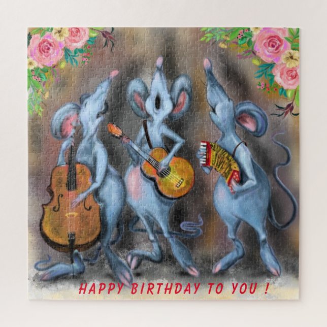 Funny Birthday Puzzle with Musical Mouse Band (Vertical)