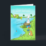 Funny Birthday Son fishing card with fish<br><div class="desc">This is a funny fishing card, which I’m sure is ideal for any fishermen for Birthdays, with Duncan trying to catch a fish, but the fish has just taken his sandwich which he has only taken one bite of, and fat cat is eating the fishes that are jumping out to...</div>