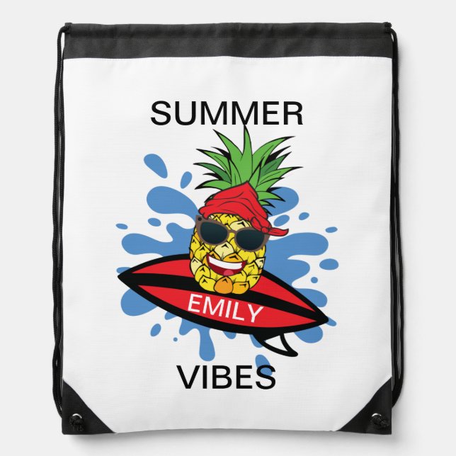 Funny Birthday Surfing Pineapple Drawstring Bag (Front)