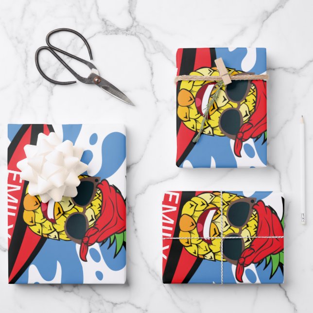 Funny Birthday Surfing Pineapple Wrapping Paper Sheets (Front)