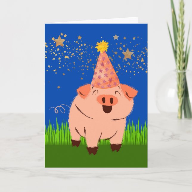 Funny Birthday with Pig in Birthday Hat Gold Stars Card (Front)