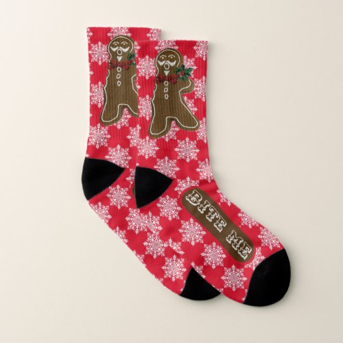 Funny Bite Me Gingerbread Man and Snowflakes Socks