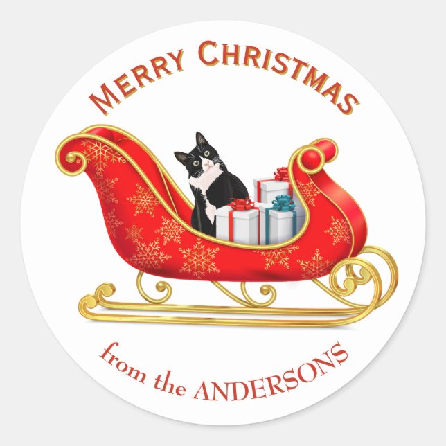 Funny Black and White Cat Christmas Sleigh Classic Round Sticker (Front)