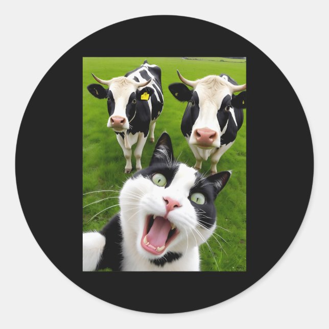 Funny Black And White Cat Cow Selfie  Classic Round Sticker (Front)