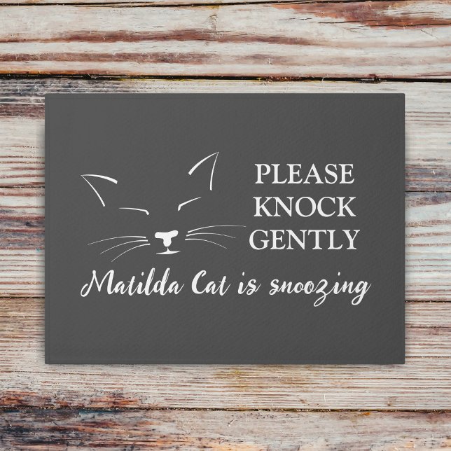 Funny Black and White Cat Face Custom Quote Pet Doormat (Please knock gently, your cat is snoozing doormat just for you. Add your cat's name)