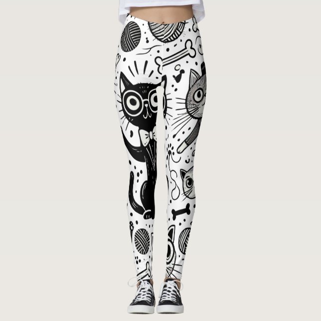Funny Black and White Cat Pattern Leggings  (Front)